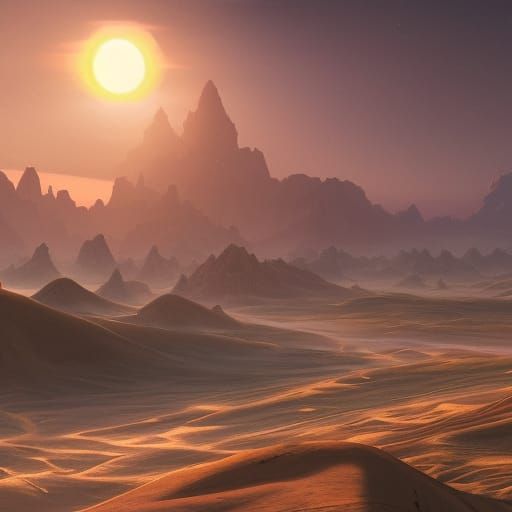 Fantasy Desert Sunrise: Detailed Digital Art