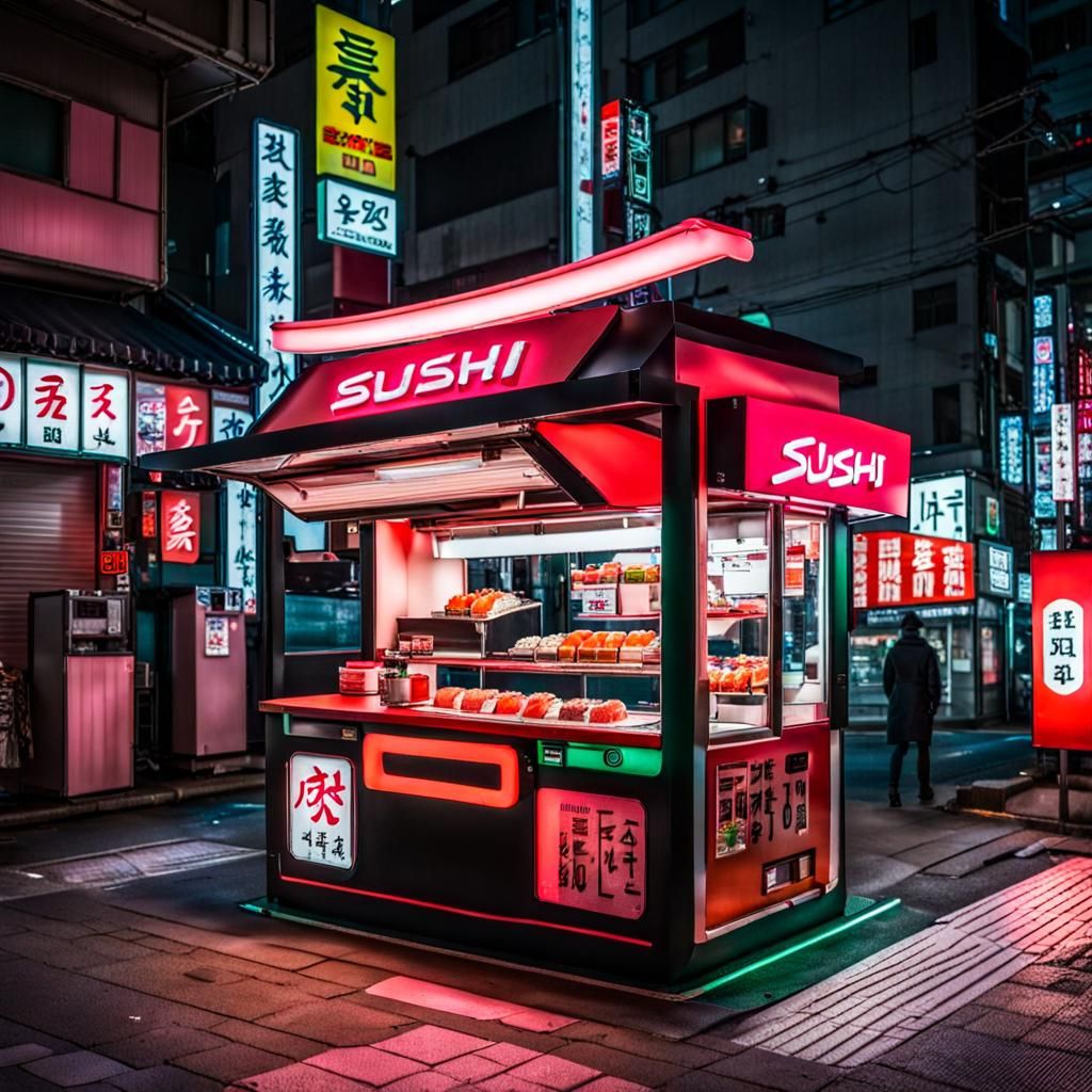 Neopunk Sushi Kiosk on Neo-Tokyo Street