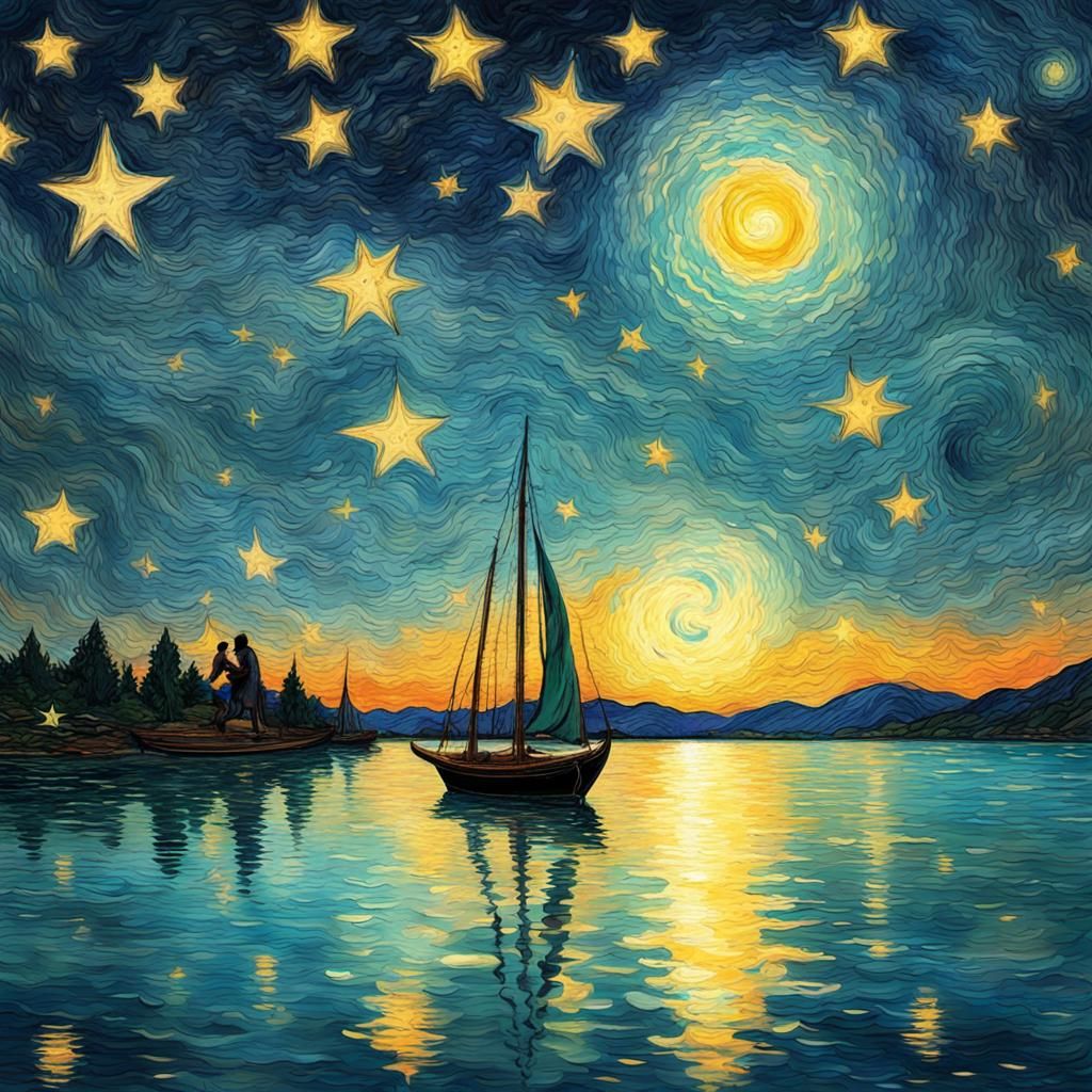 Glittering Starry Nightscape in Van Gogh Style