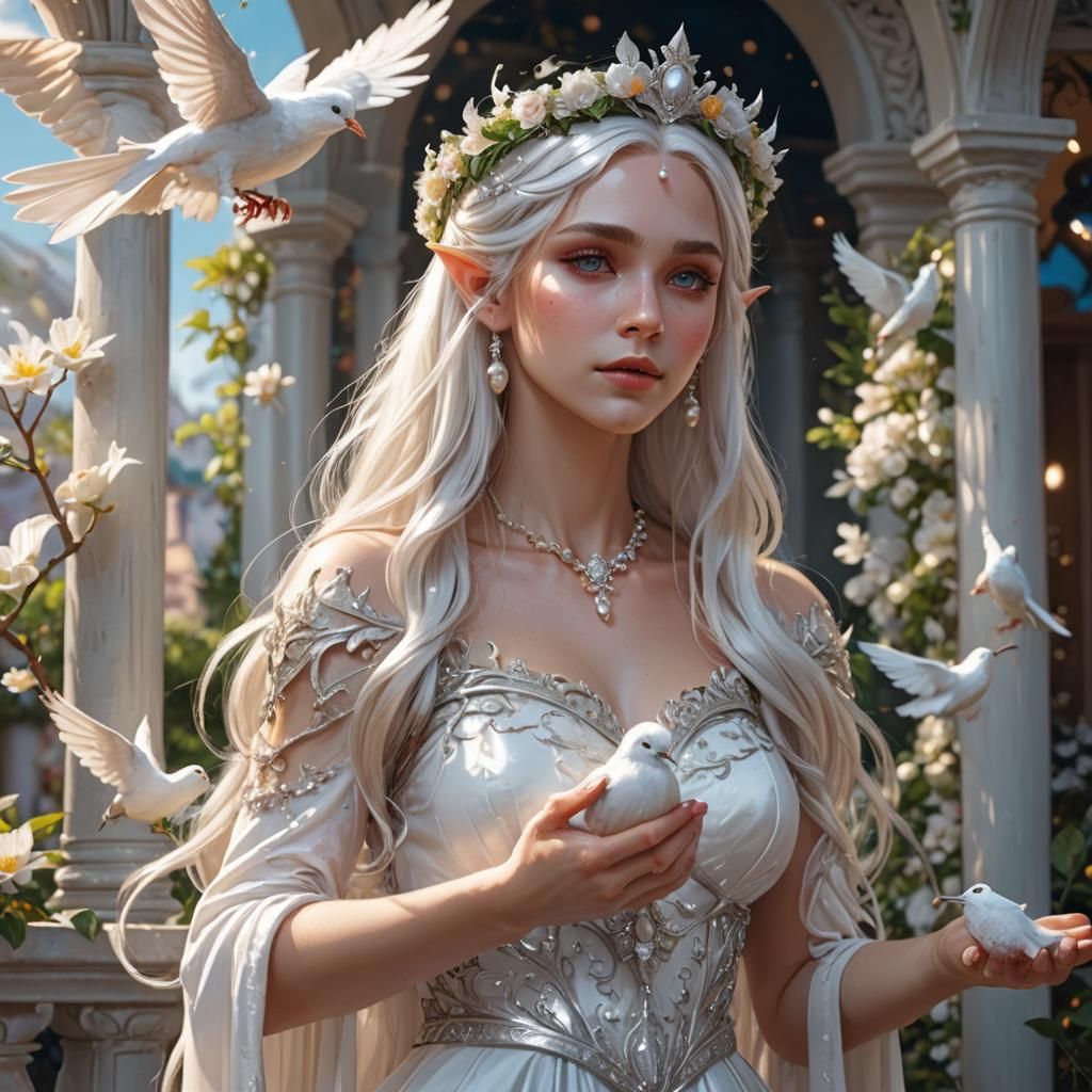 Elf Princess in White with Dove, Hyperrealistic Art