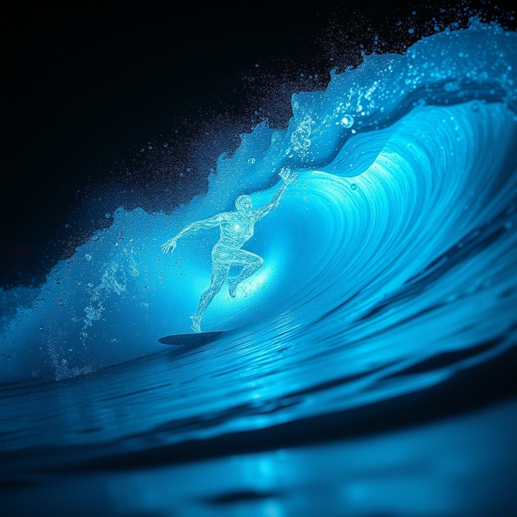 Ethereal Water Elemental Surfer on a Cascade