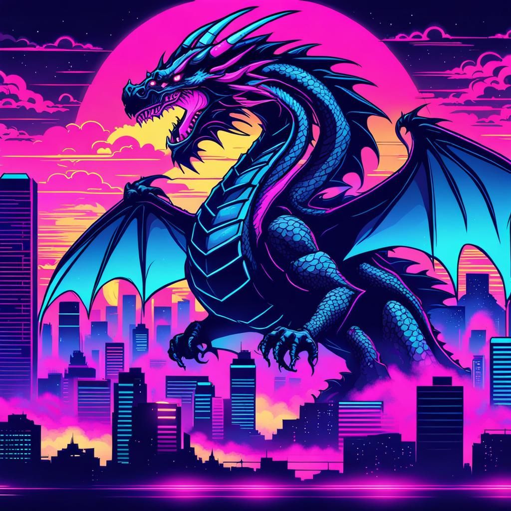 Dragon Attack on City in Synthwave Neon Style