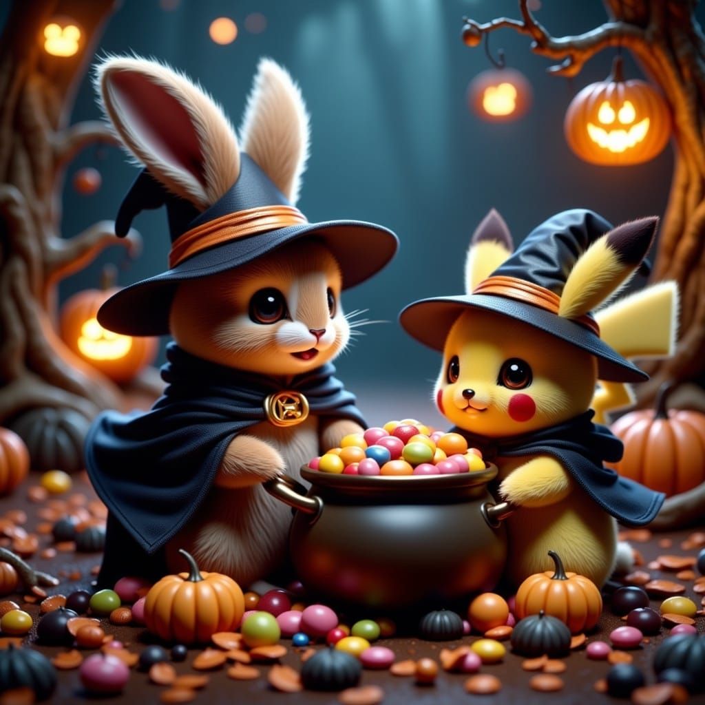 Whimsical Bunny and Pikachu Share Halloween Candy