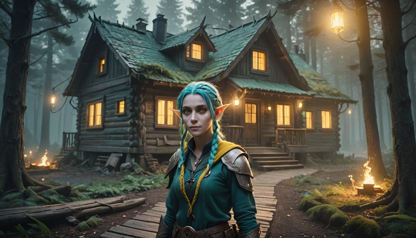 Ethereal Biopunk Elf in a Dark Forest