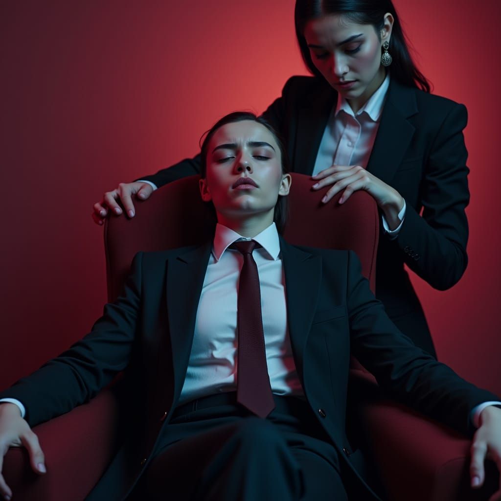 Elegant Woman Under Hypnosis in Futuristic Setting