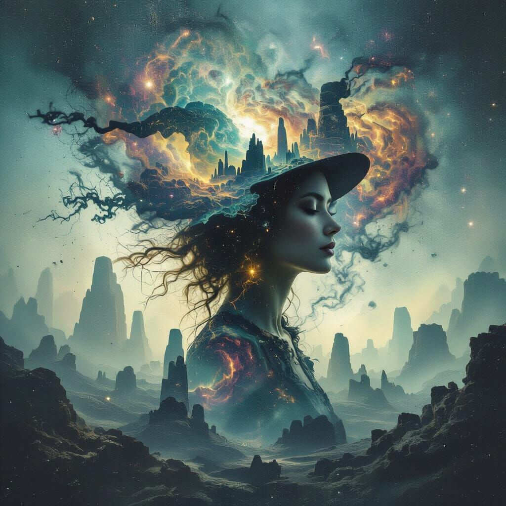 Surreal Witch Nebula Double Exposure Portrait