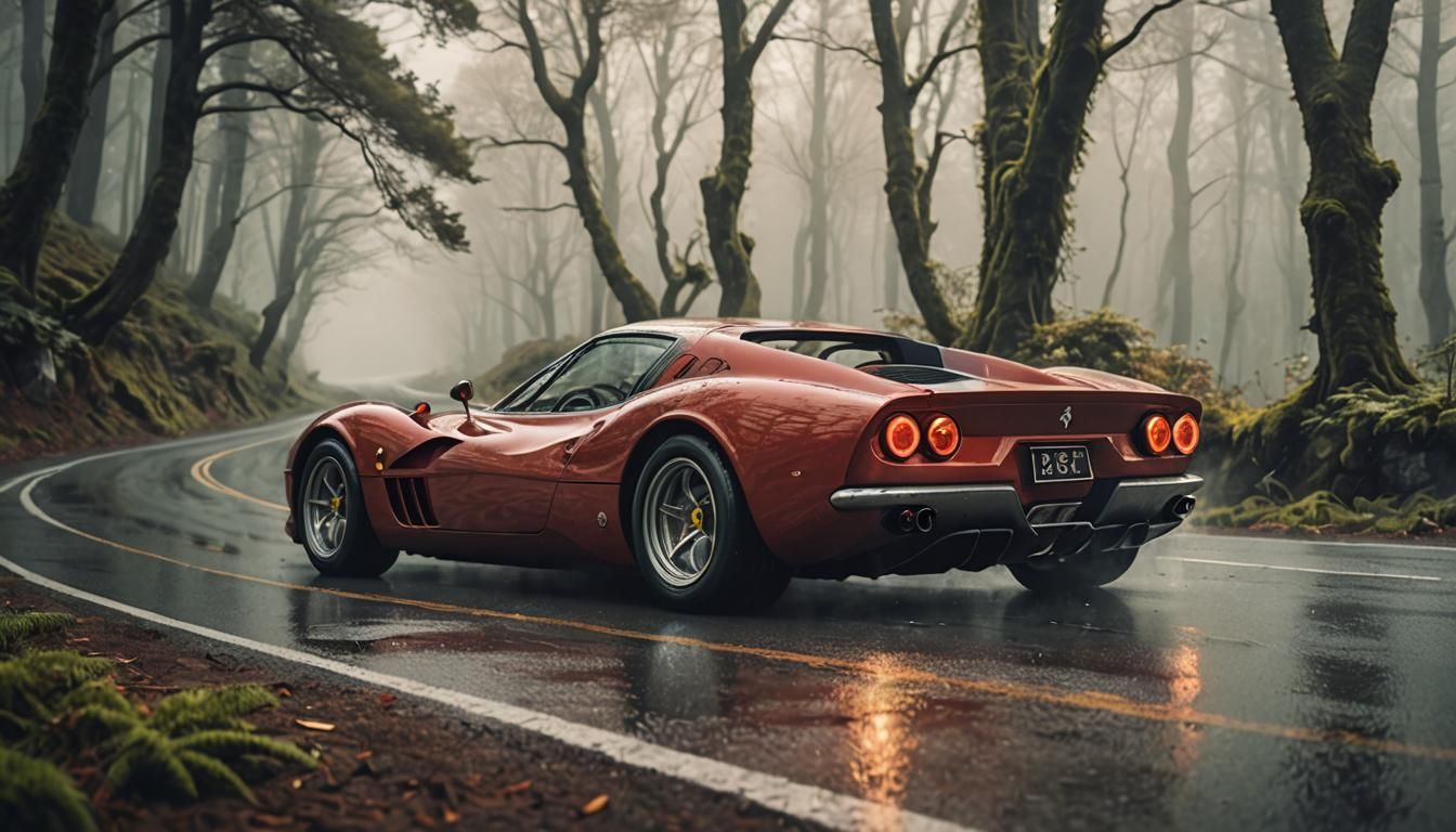 Antique Elven Ferrari Concept Car on Misty Road