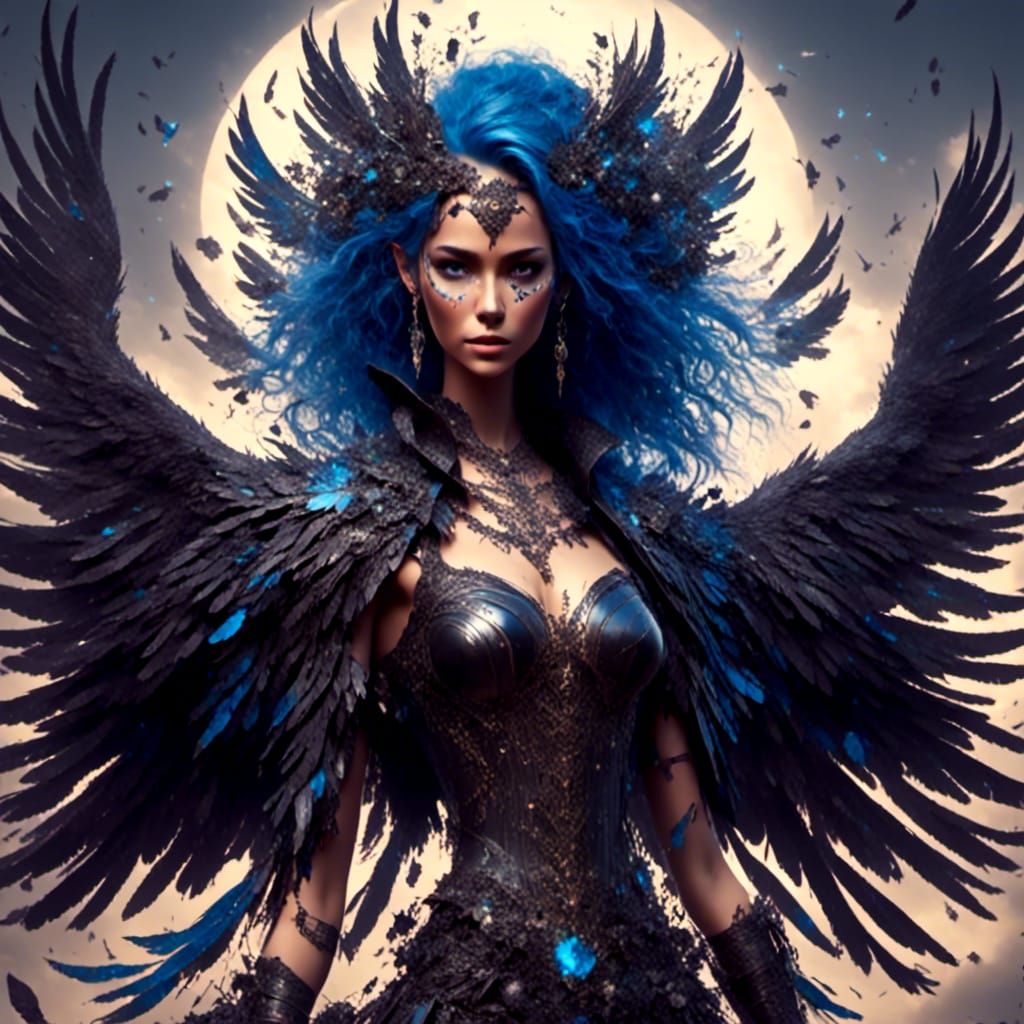 Hyperrealistic Raven with Blue-Tinted Wings