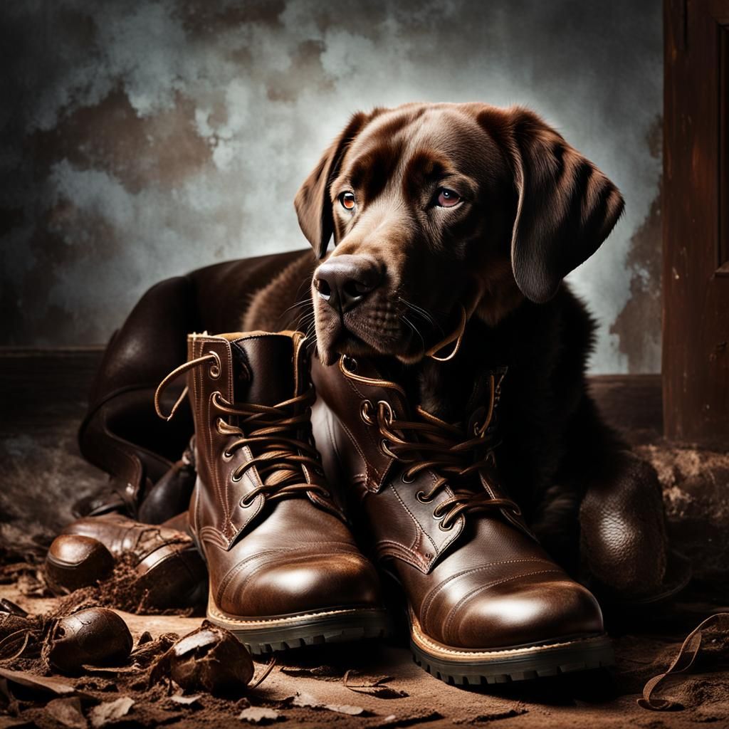 Sleeping Chocolate Lab Puppy on Boots