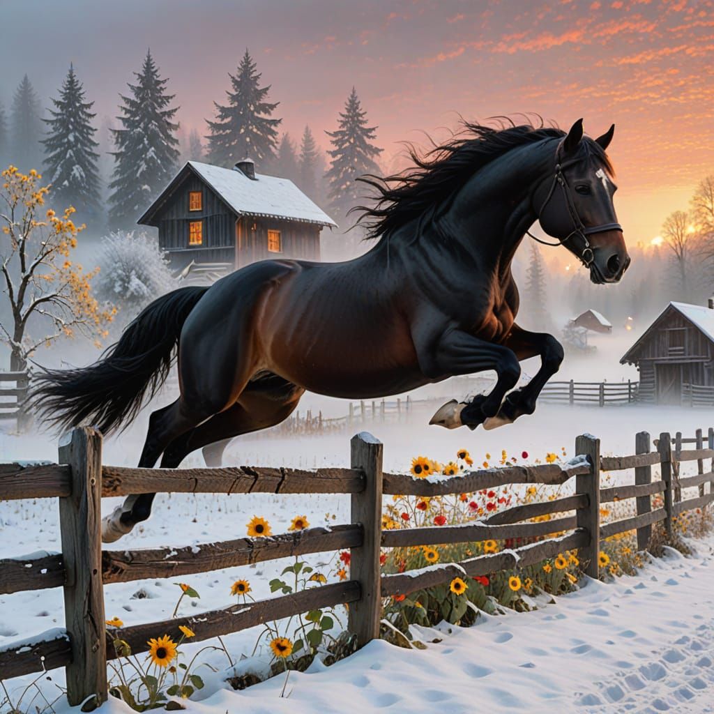 Stunning Black Horse in Full Gallop over Winter Landscape