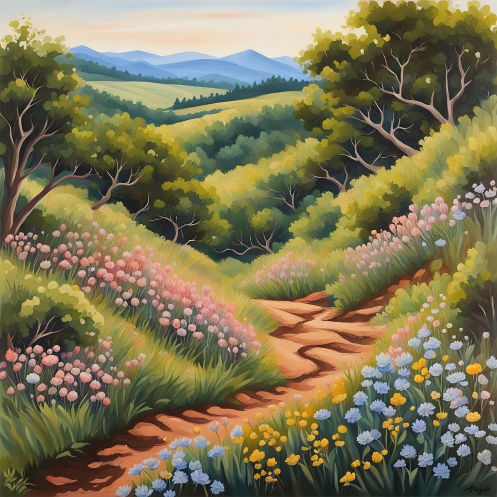 Lush Bushland with Wildflowers: Gouache Painting