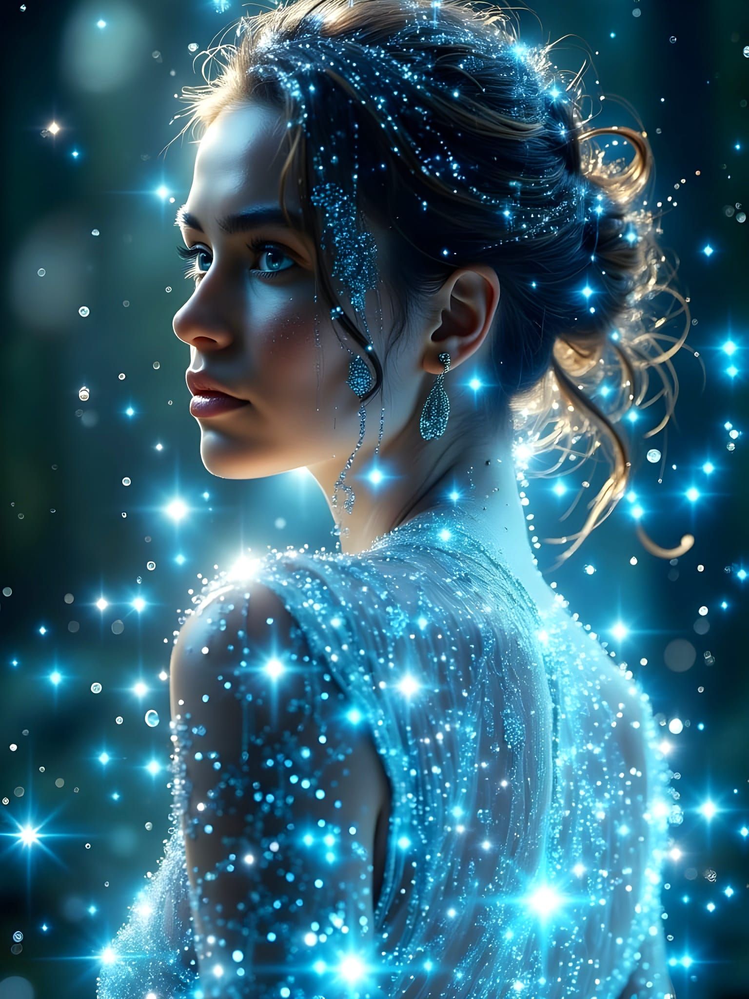 Radiant Woman Illuminated by Celestial Light