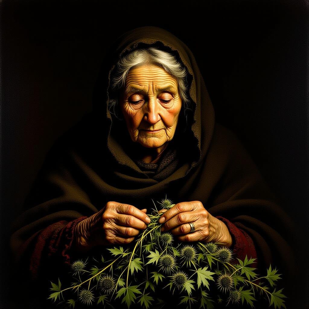 Chiaroscuro Portrait of Woman Weaving Thistle Cloak