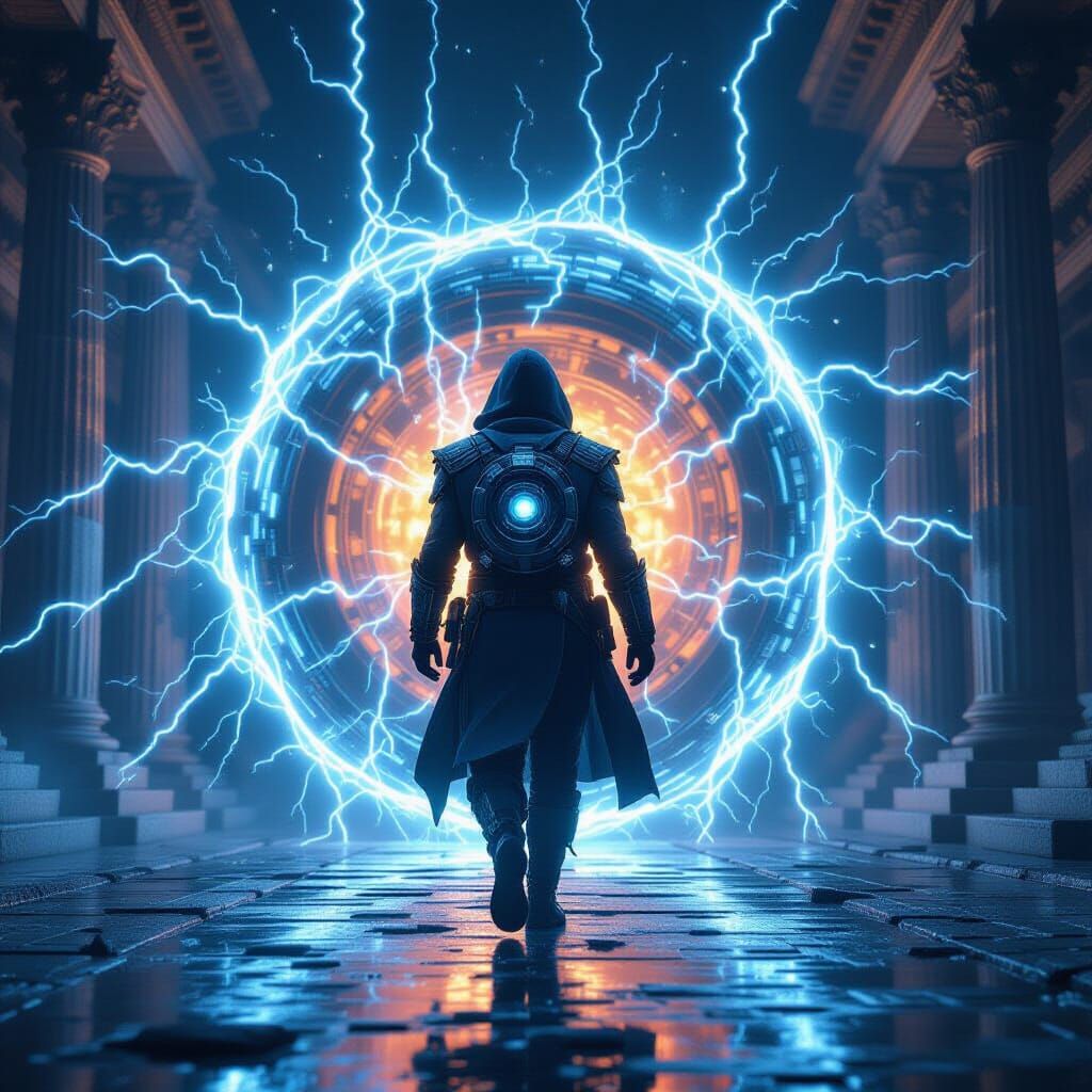 Time Traveler Emerges in Ancient Rome, Digital Illustration