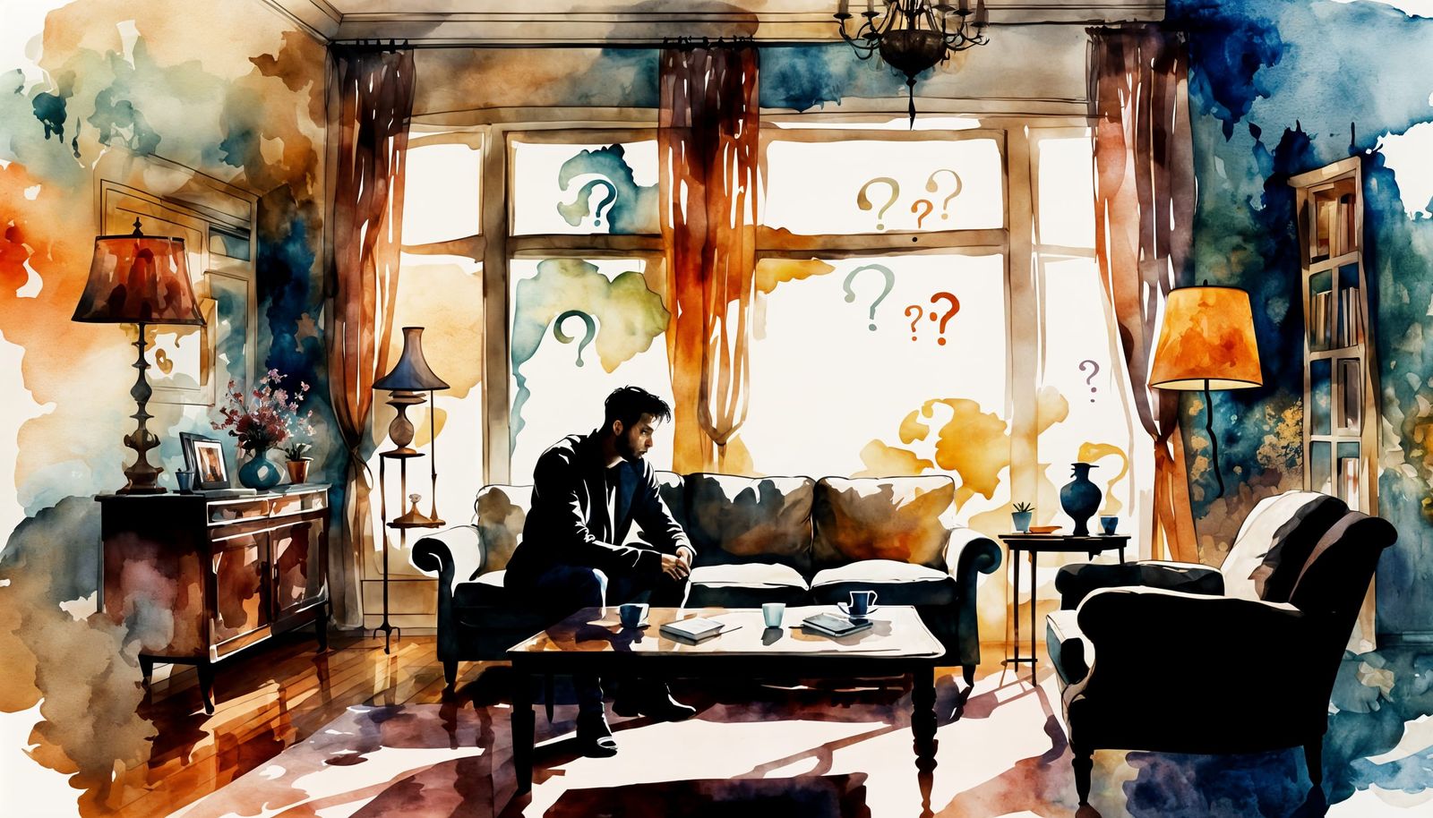 Sad Man in Silhouette Fantasy Realm Watercolor