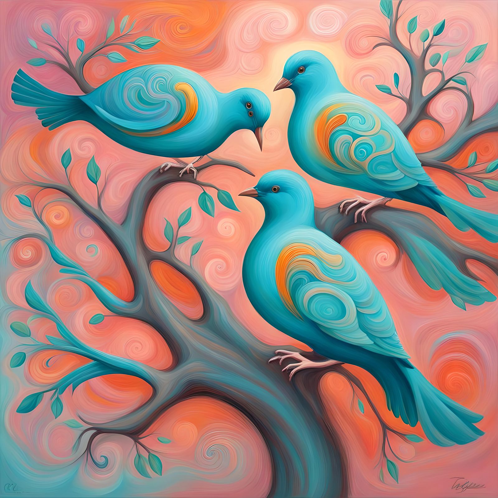 Birds on Branch in Metaphysical Rococo Style