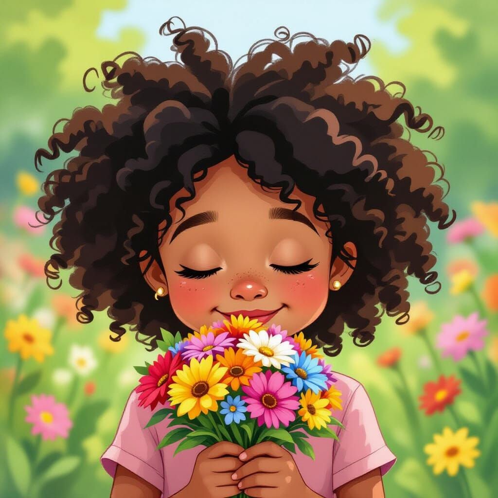Zuri Smells Flowers: Watercolor Cartoon Illustration