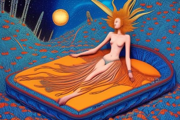 Celestial Woman in Surreal Floral Bed: Digital Art