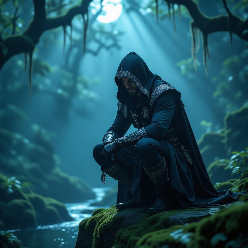 Cloaked Assassin Leaps Across Moonlit Forest Bridge