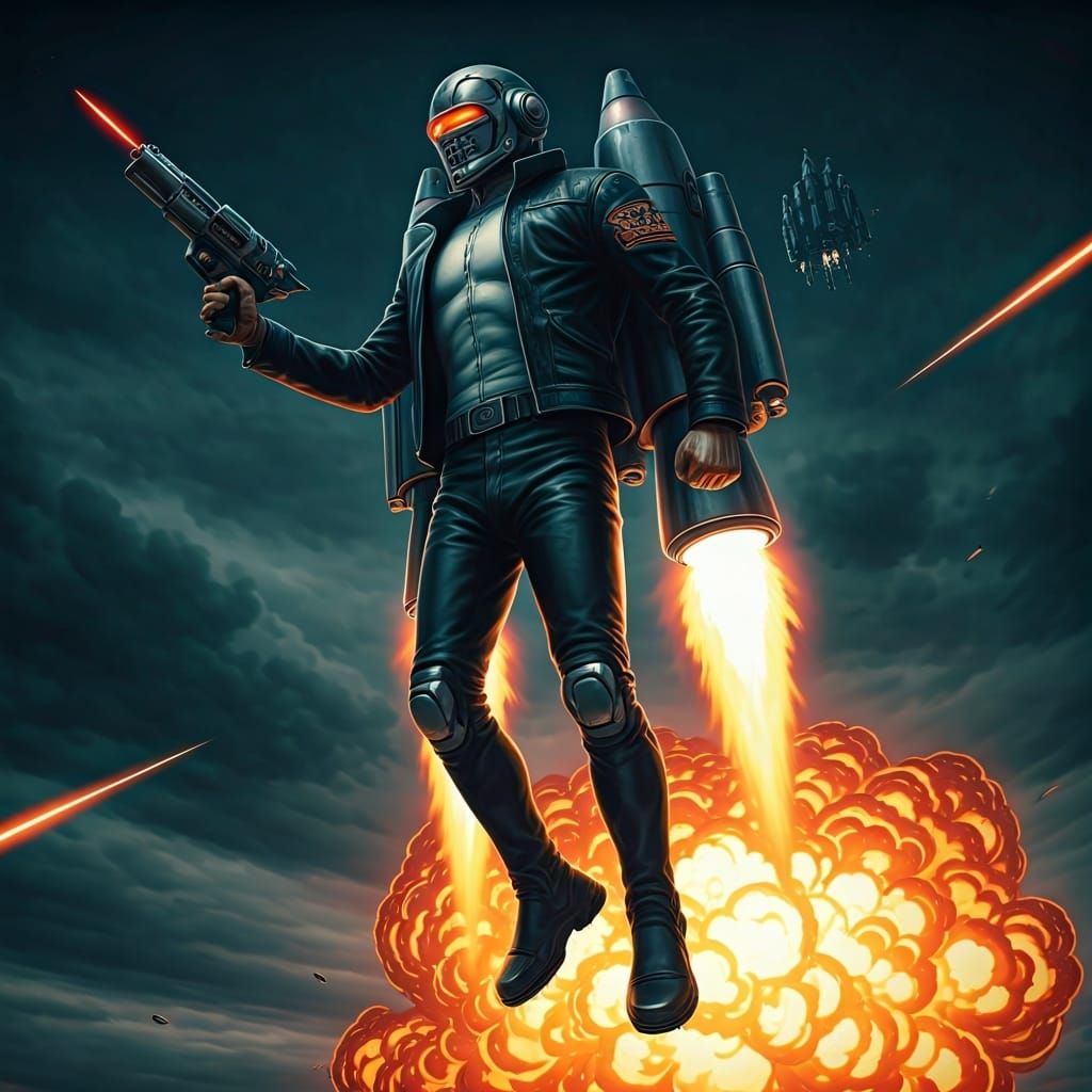 Retrofuturistic Android Soaring Through Explosions