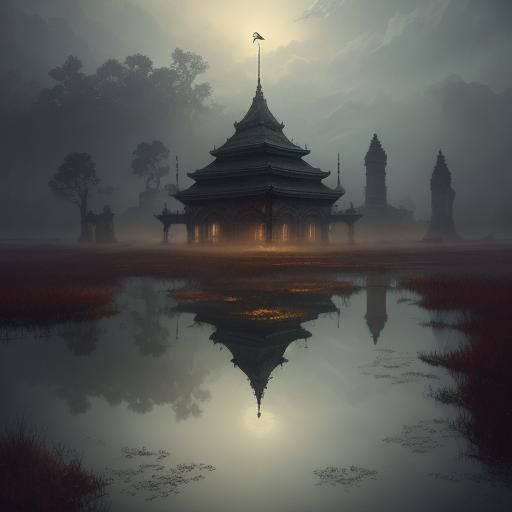 Golden Dragonfly Over Ancient Temple Ruins