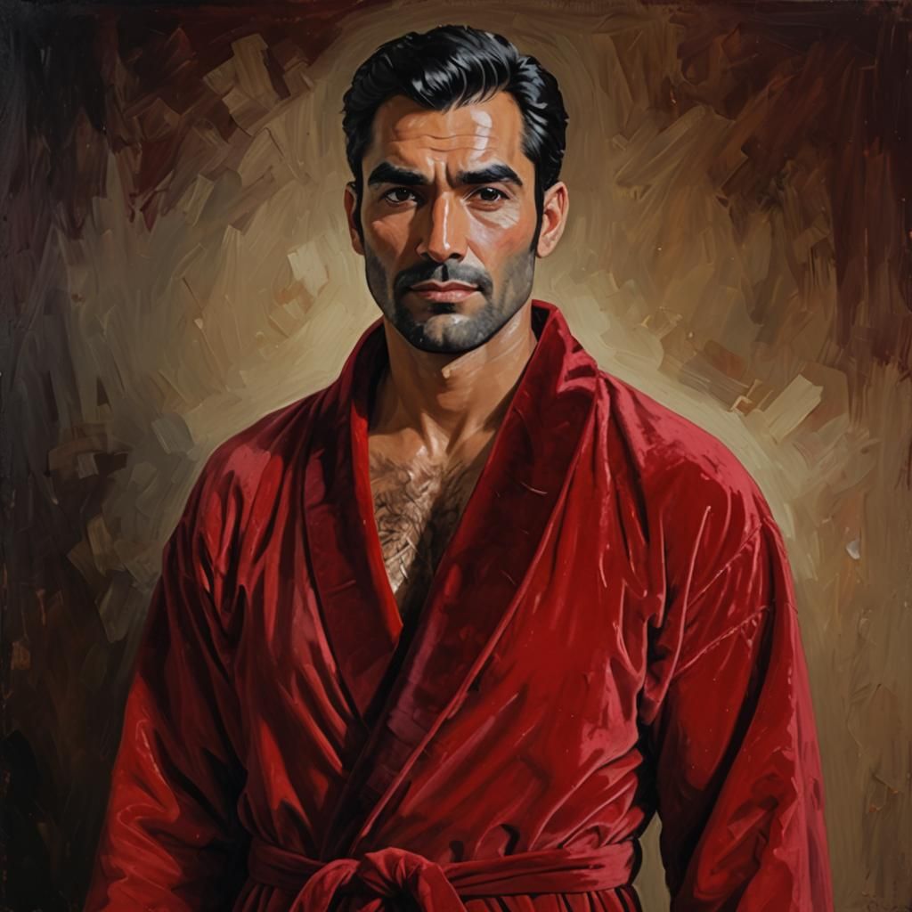 Pensive Man in Red Velvet Robe: Impressionist Oil Painting