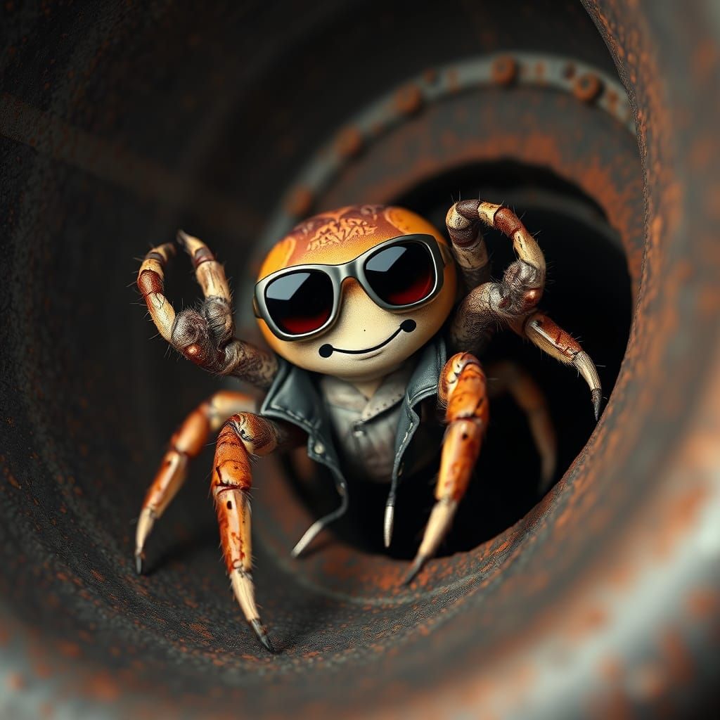 Cute Spider in Leather Jacket Waves Four Legs in Rusty Exhau...
