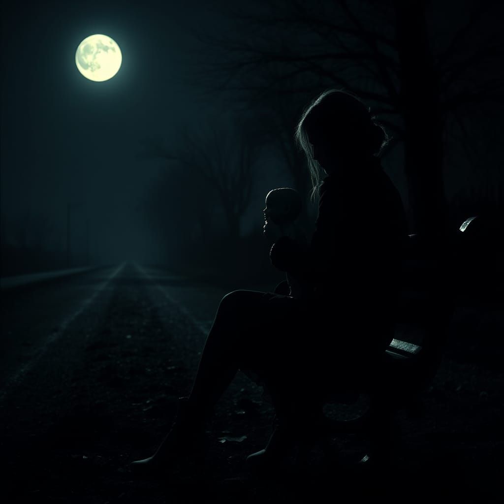 Eerie Woman with Doll on Moonlit Bench