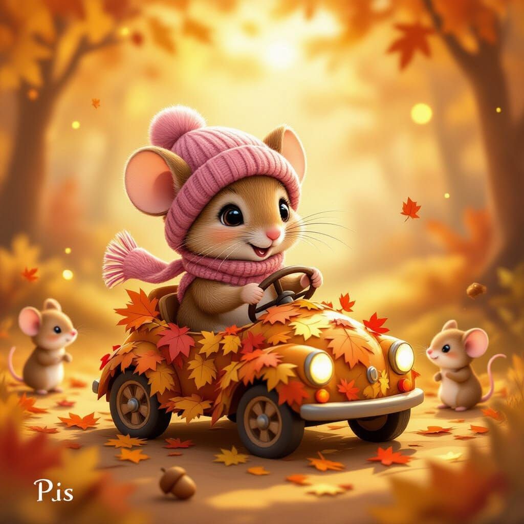 Adorable Mouse in Autumn Leaf Car, Storybook Style