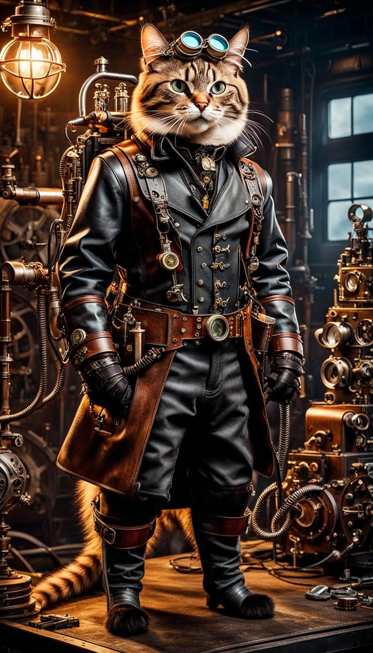 Steampunk Cat Welder in Industrial Setting