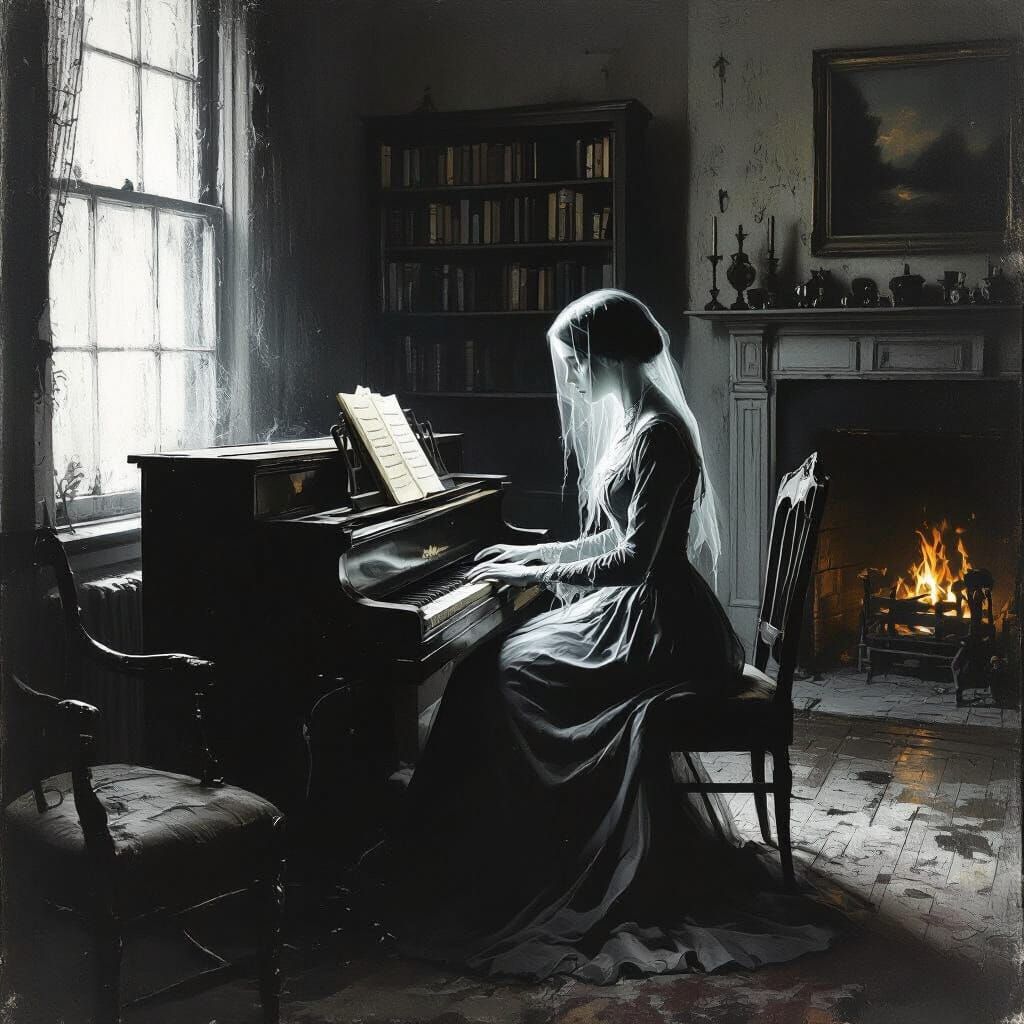 Ethereal Victorian Woman at Piano in Surrealist Style