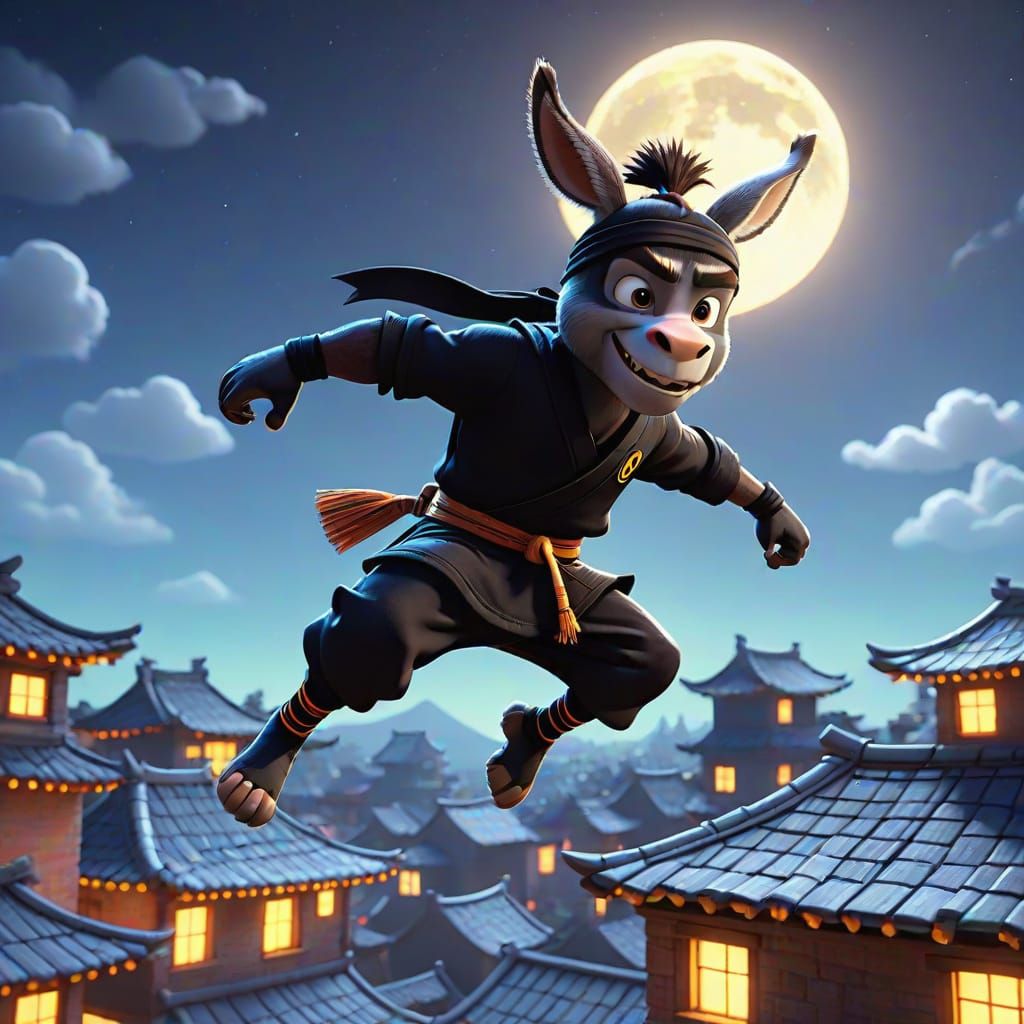 Cartoon Ninja Donkey Leaps Across Rooftops in Pixar Style