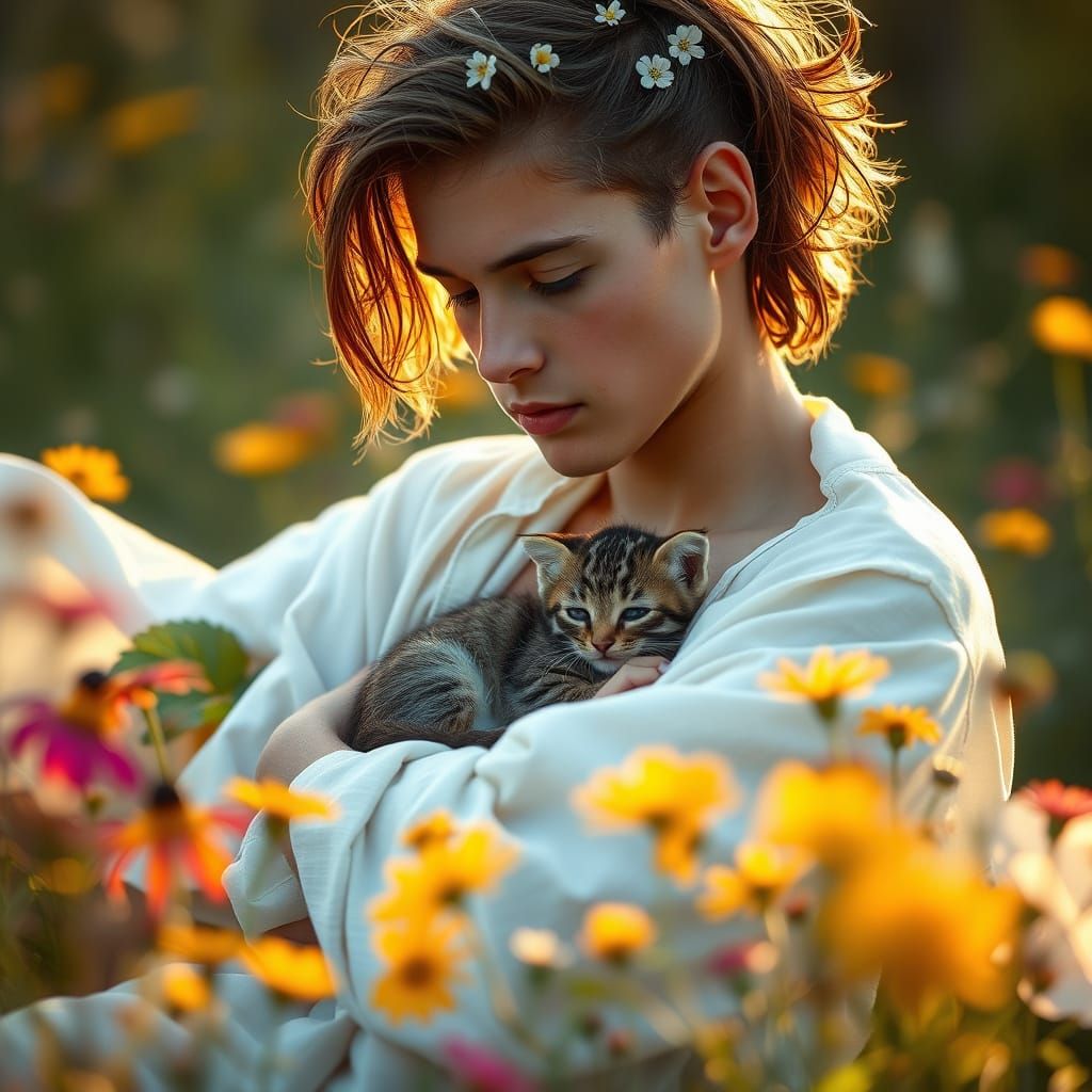 Youth with Kitten in Dawn Light Portrait