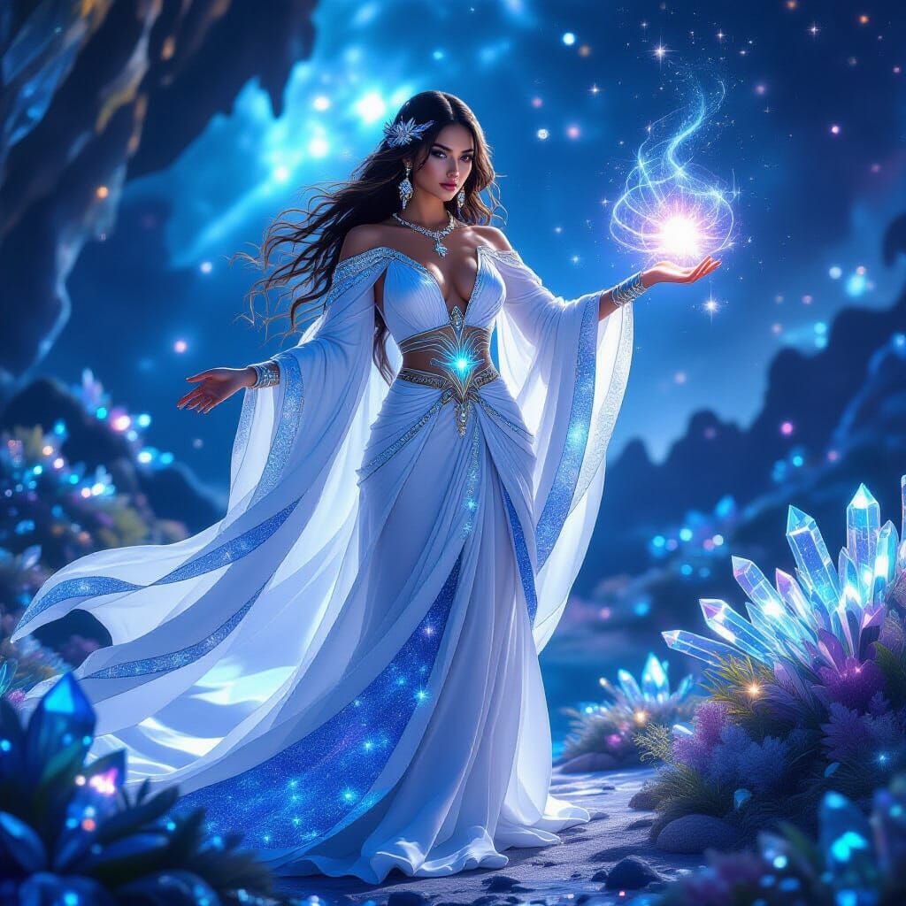 Latina Goddess on Nebula Planet in Digital Art Style