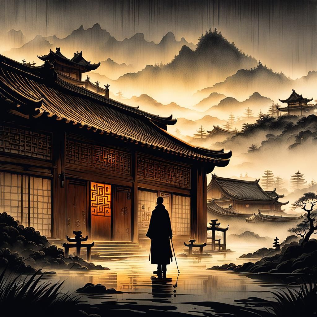 Traditional Chinese Ink Painting of Man by House