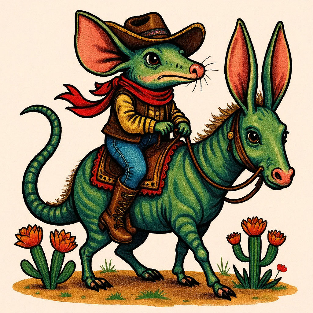 Embroidered Cowboy Armadillo in Retro Tattoo Art