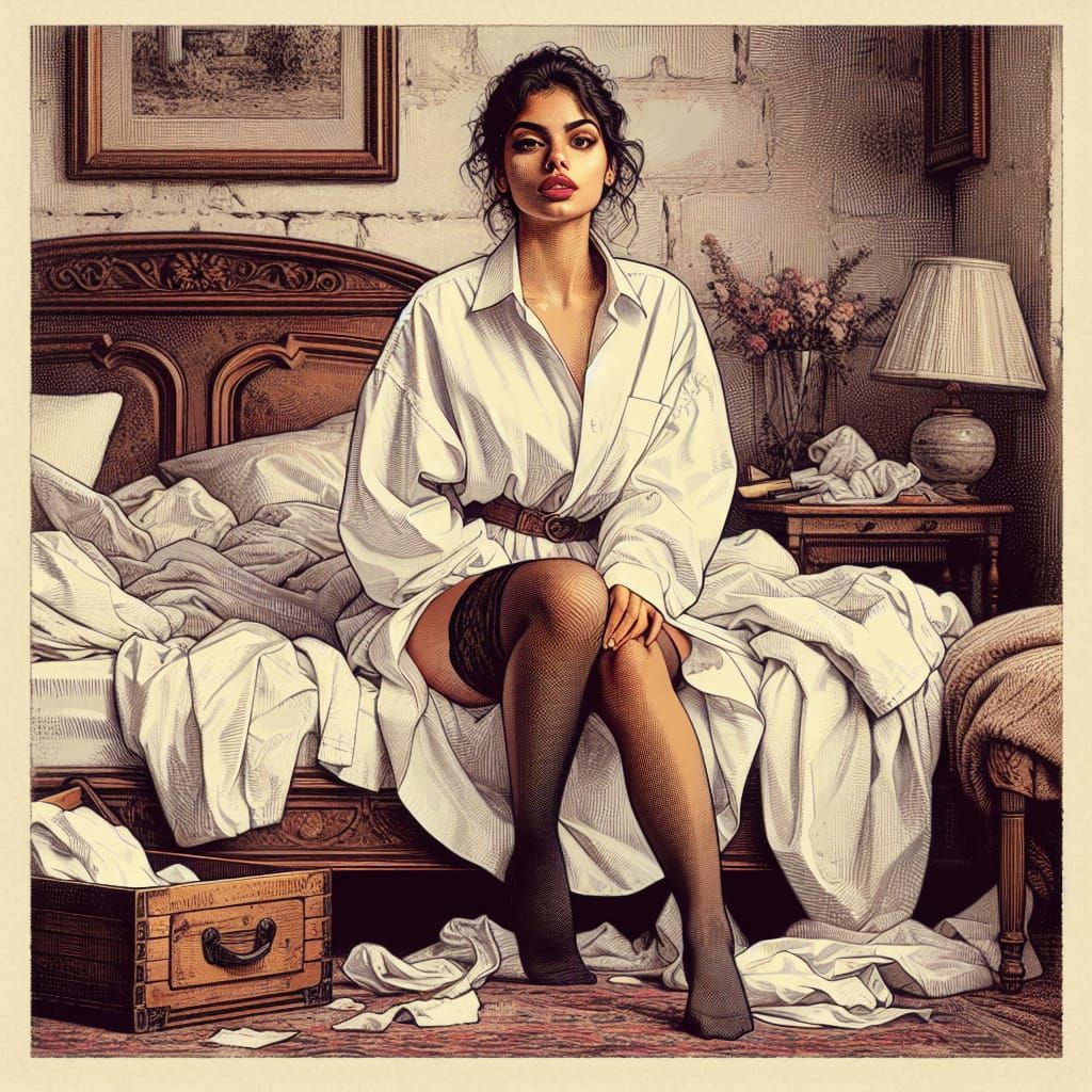 Latina Lady in White Shirt: Romantic Oleograph