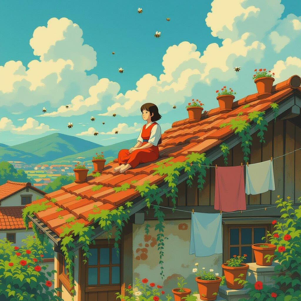 Peaceful Devotee on Rooftop in Spirited Away Style