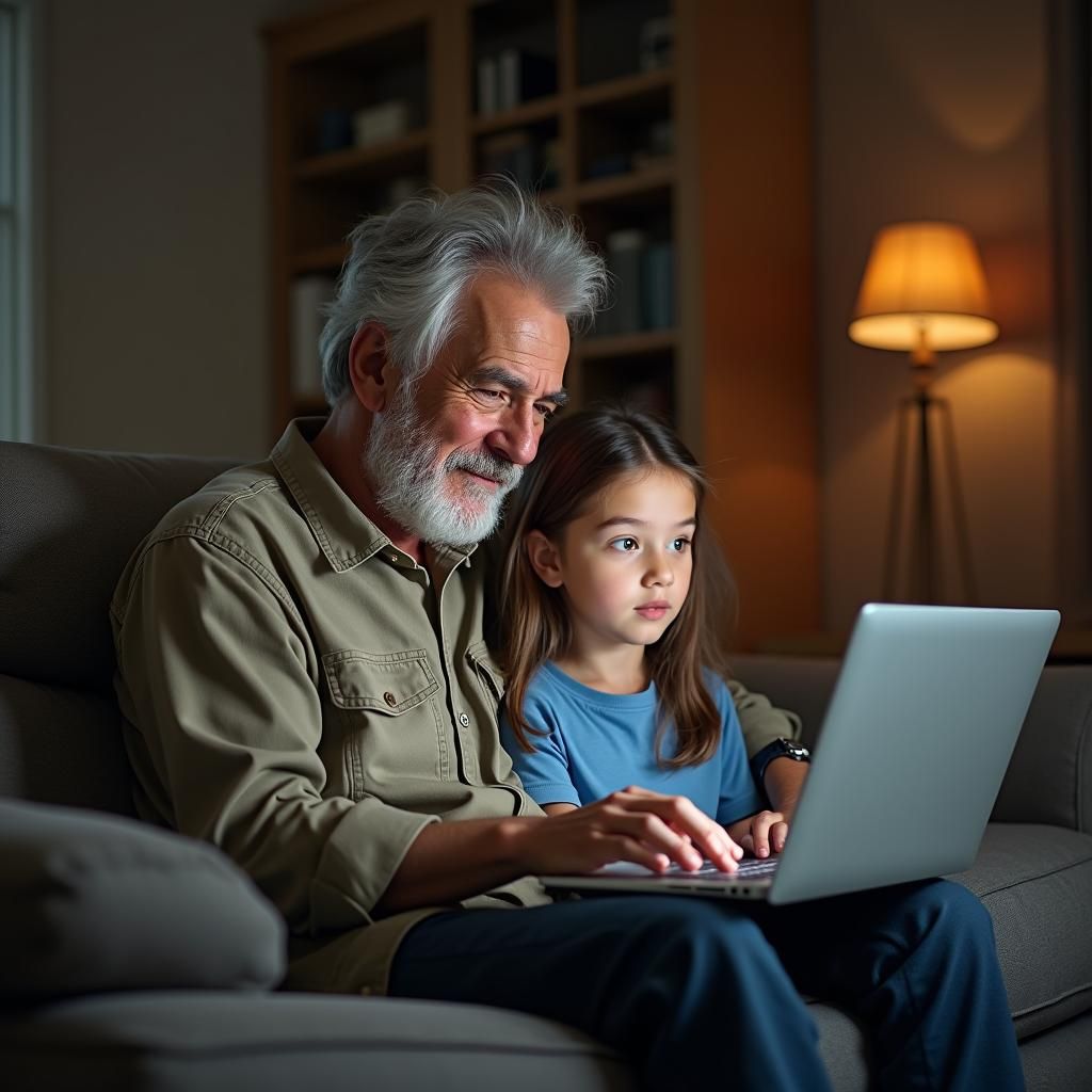 Cozy Digital Moment: Uncle and Niece with Laptop