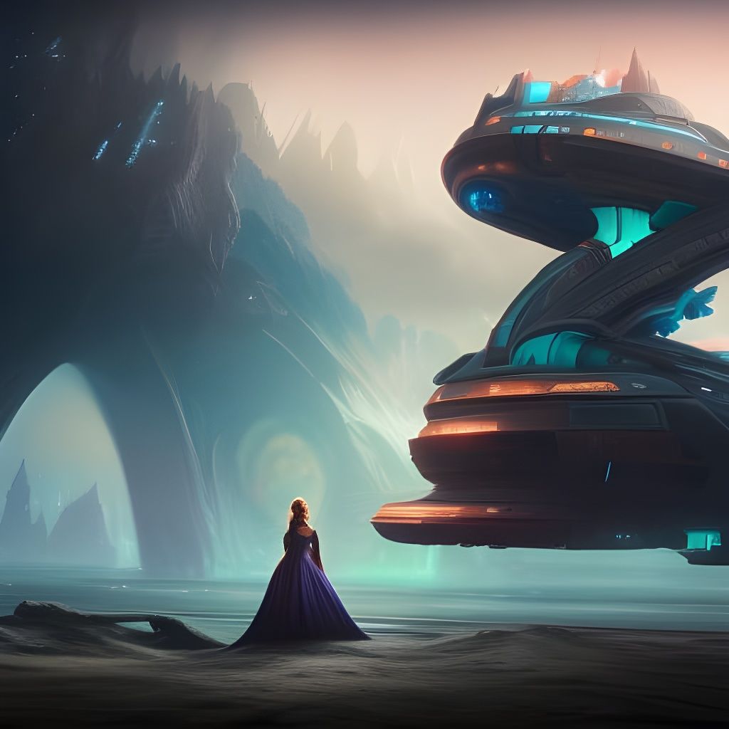 Alien Girl Emerges from Spaceship: Detailed Matte Painting