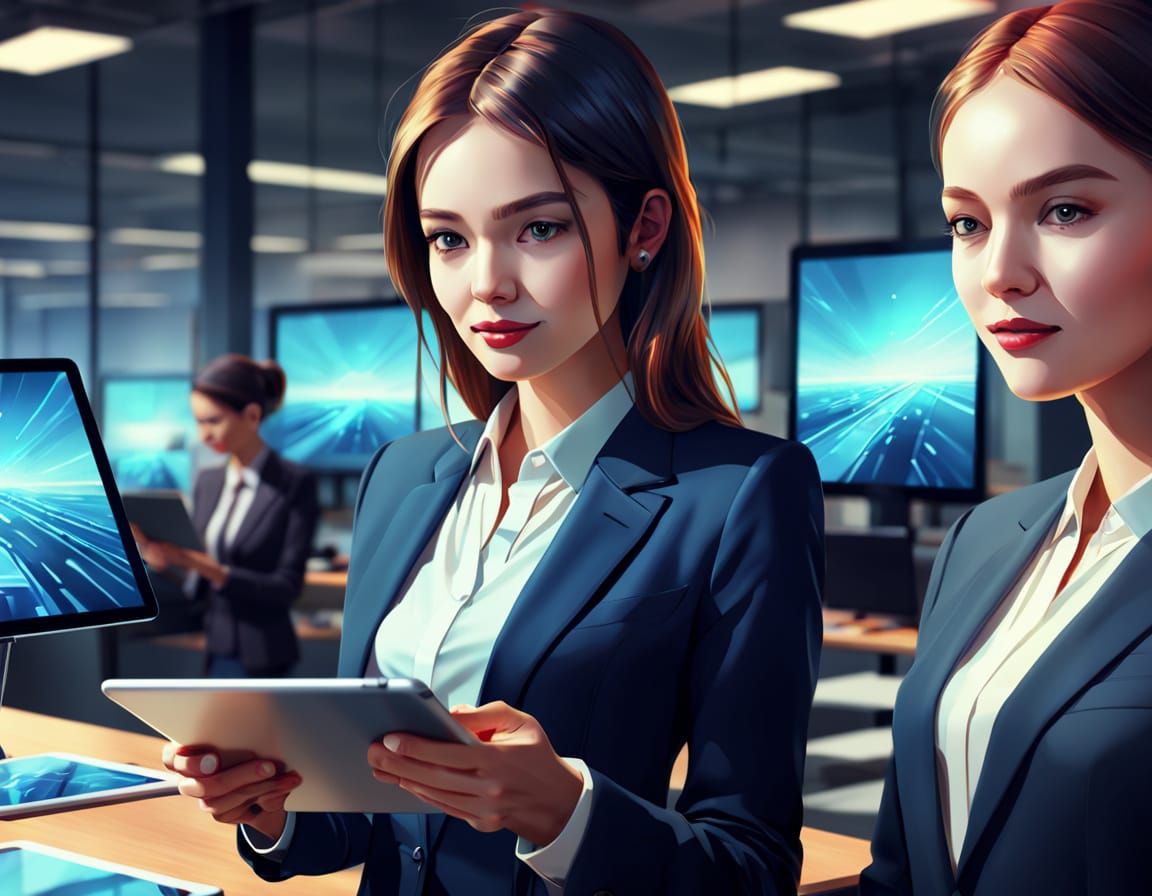 Businesswomen in Modern Office Setting, Holding Digital Tabl...