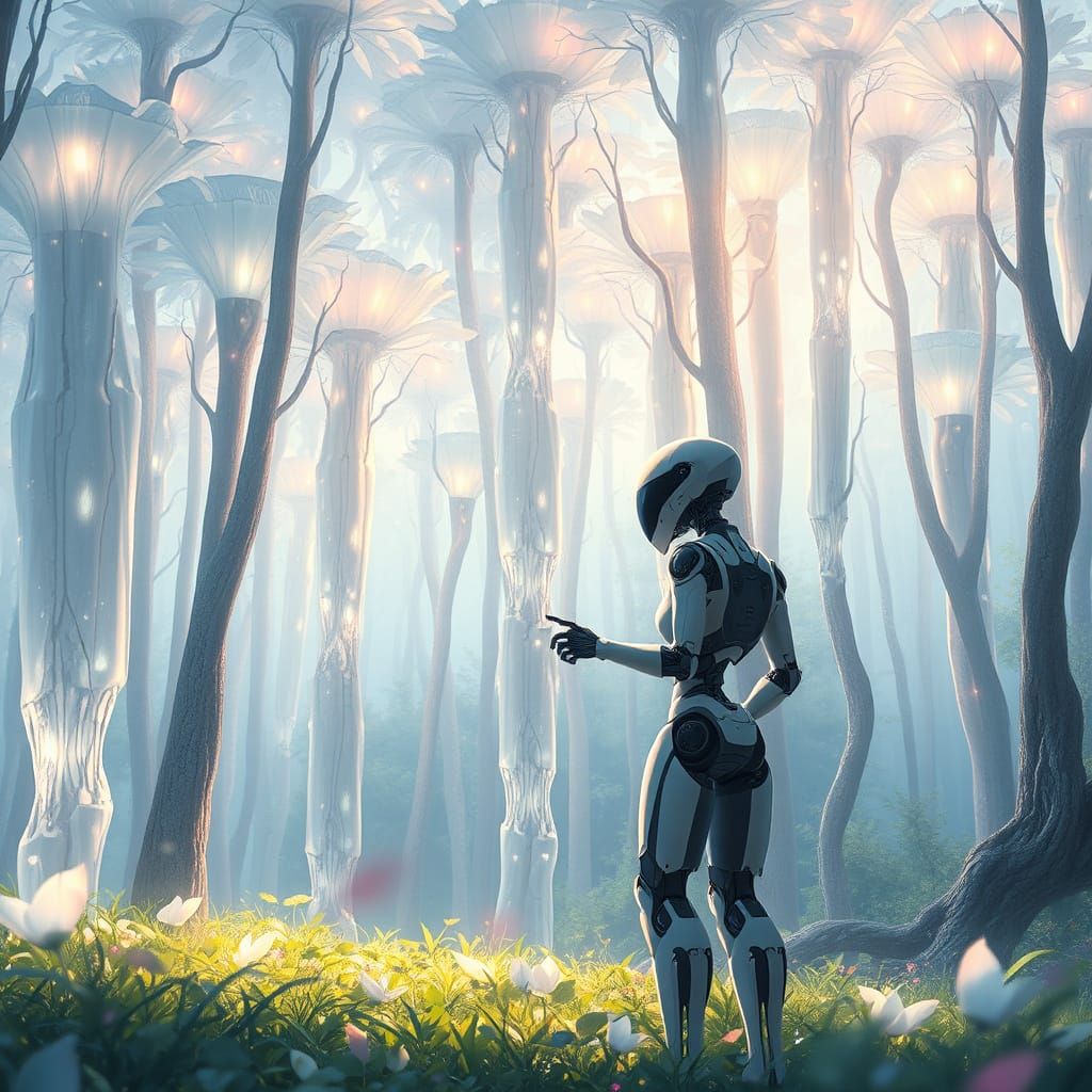 Robot in Bioluminescent Crystal Forest, Anime Style