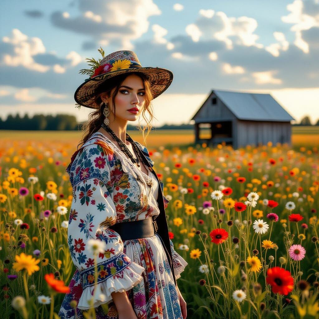 Avant-Garde Fashion Portrait in Wildflower Field
