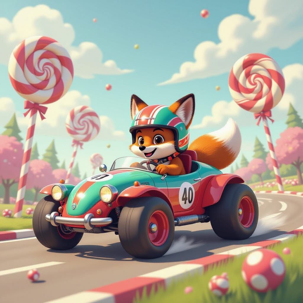 Cartoon Car in Candy Land, Art Nouveau Style