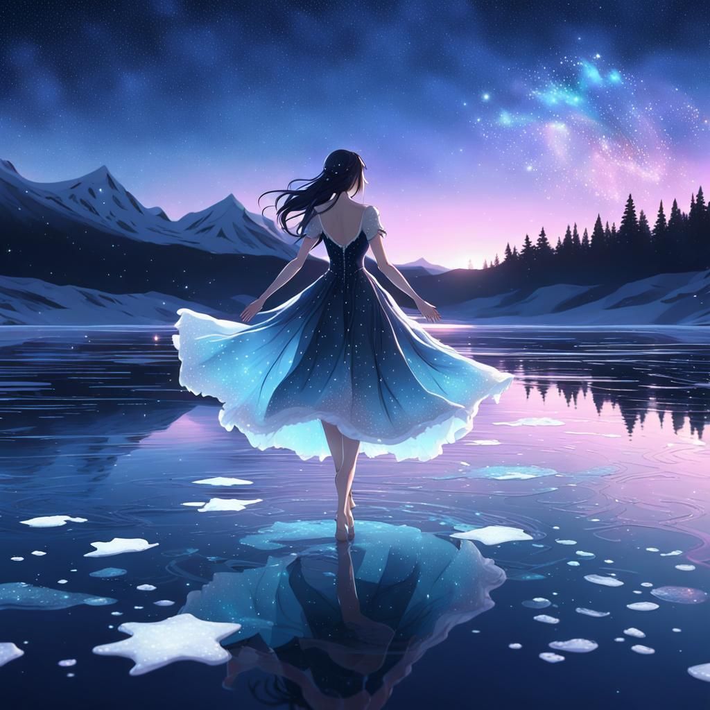 Girl Dancing on Frozen Lake in Anime Style
