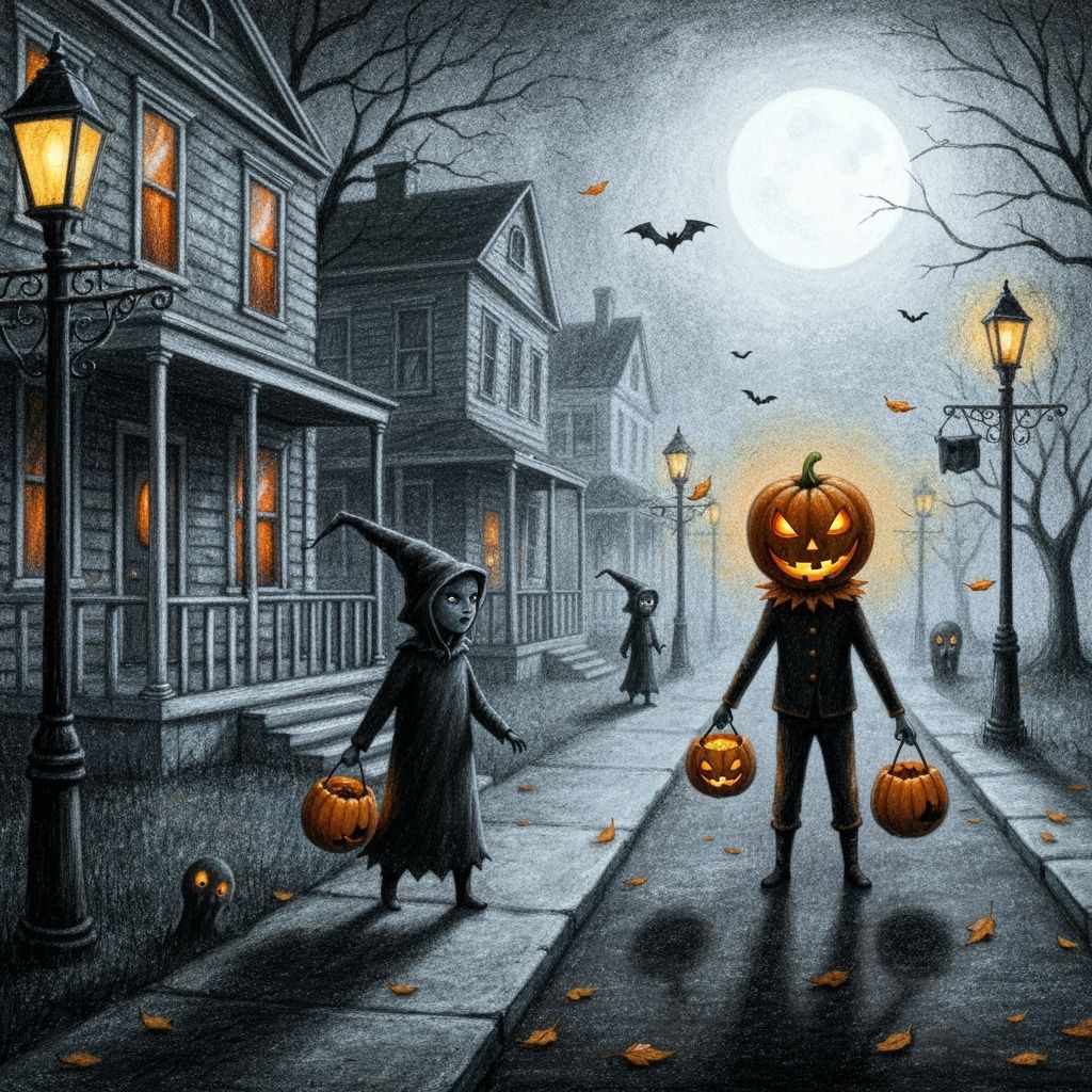 Moonlit Suburban Street Halloween Night Crayon Art