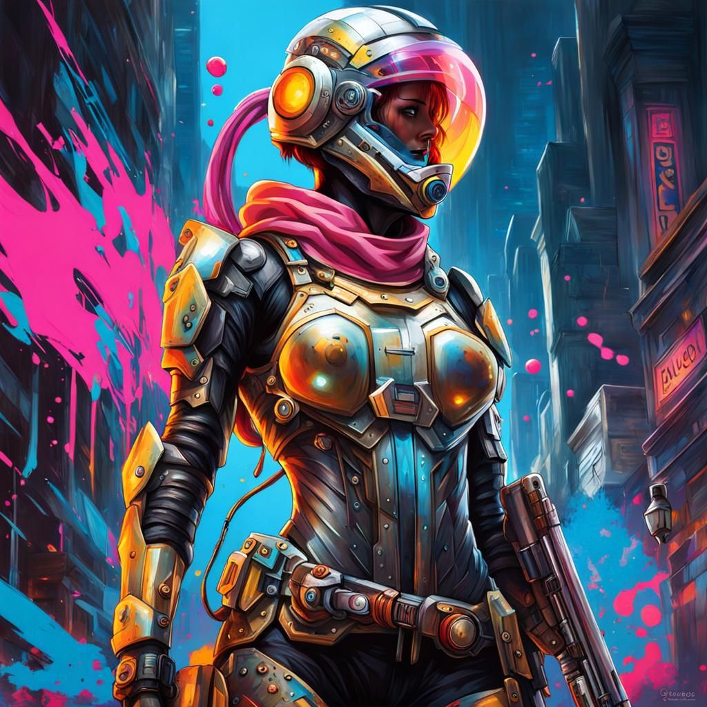 Female Cyborg Soldier in Graffiti Art Style