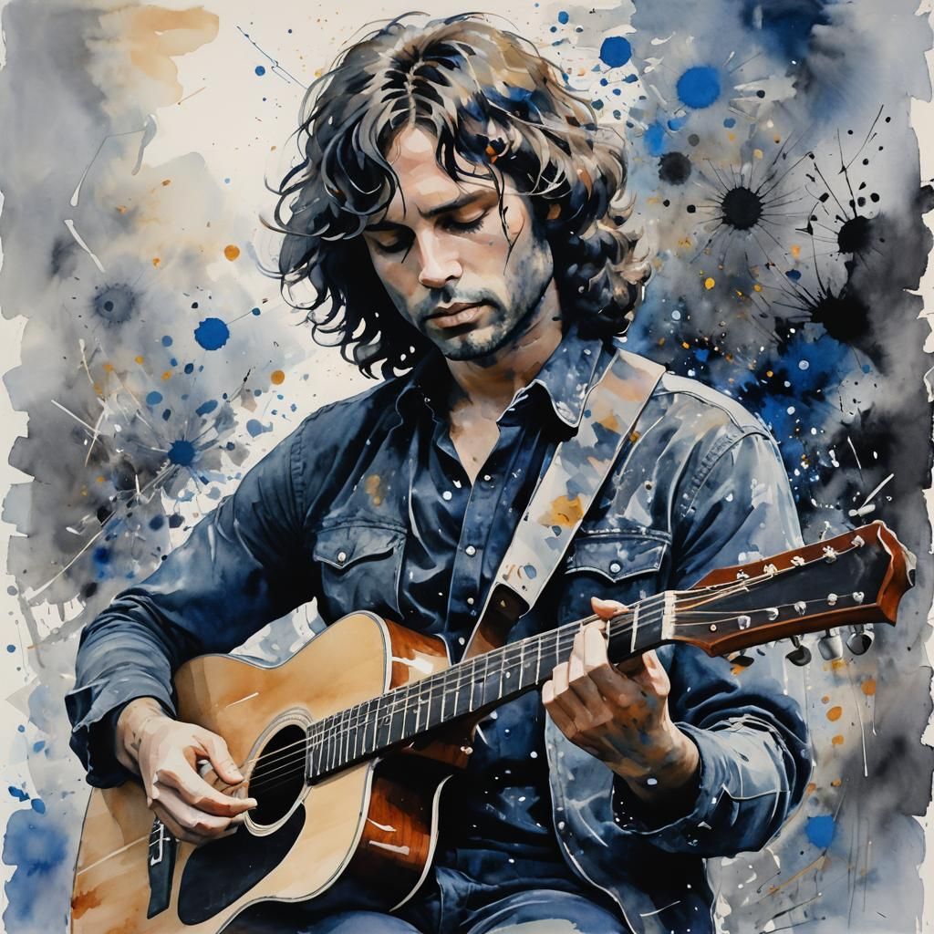 A photo of a watercolor painting of jim morrison with her head slightly bowed, gracefully playing a guitar. The backgrou...