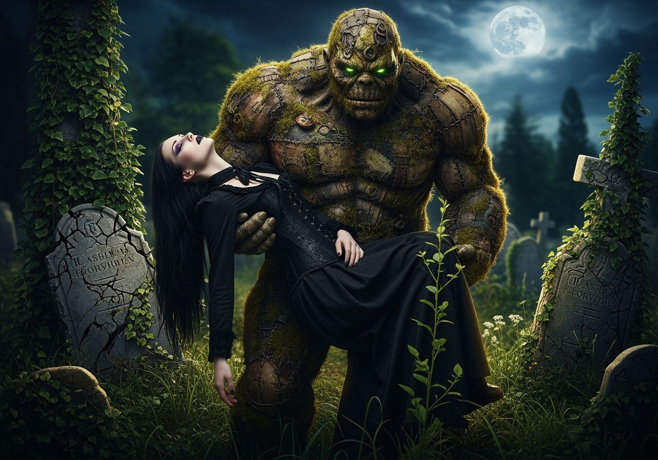 Goth Woman Carried by Moss Golem in Moonlit Cemetery