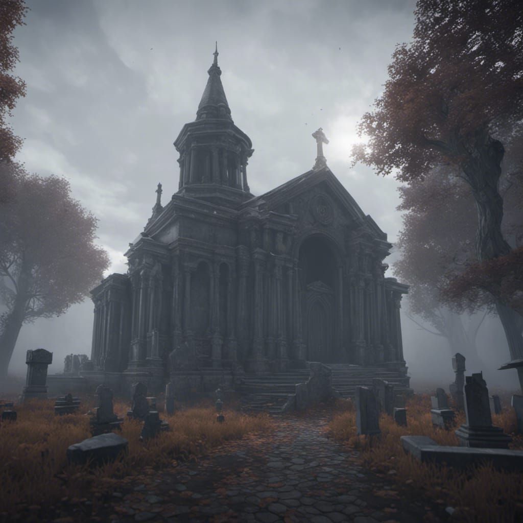 Mausoleum in Fog: 3D Game Cinematic Render